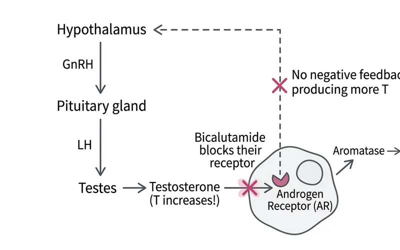Bicalutamide mechanism: blocks AR but T rises due to loss of negative feedback to hypothalamus