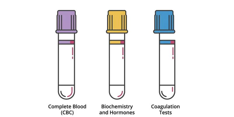 Three blood collection tubes: purple (CBC), yellow (biochemistry/hormones), blue (coagulation)
