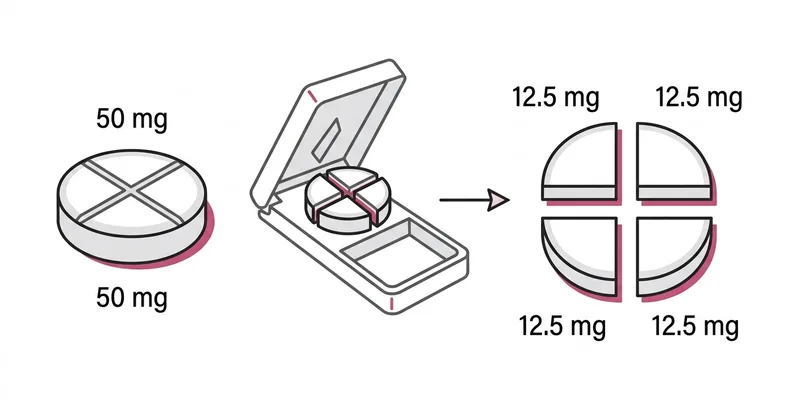 Pill splitting diagram: 50mg CPA tablet with cross-score split into four 12.5mg quarters using a pill cutter