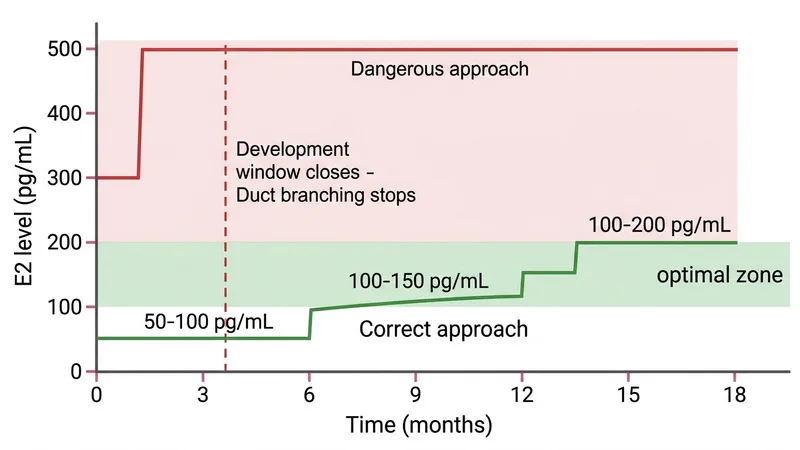 E2 level comparison: correct staircase approach vs dangerous high-dose approach that closes the development window