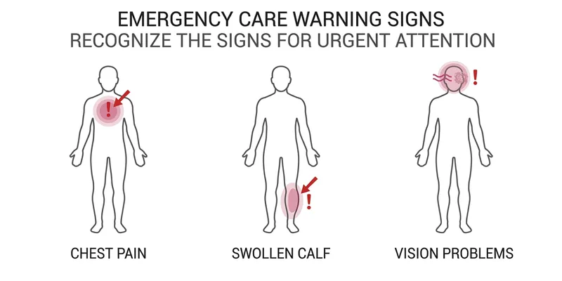 Three emergency warning signs requiring immediate medical care: chest pain, swollen calf, vision problems