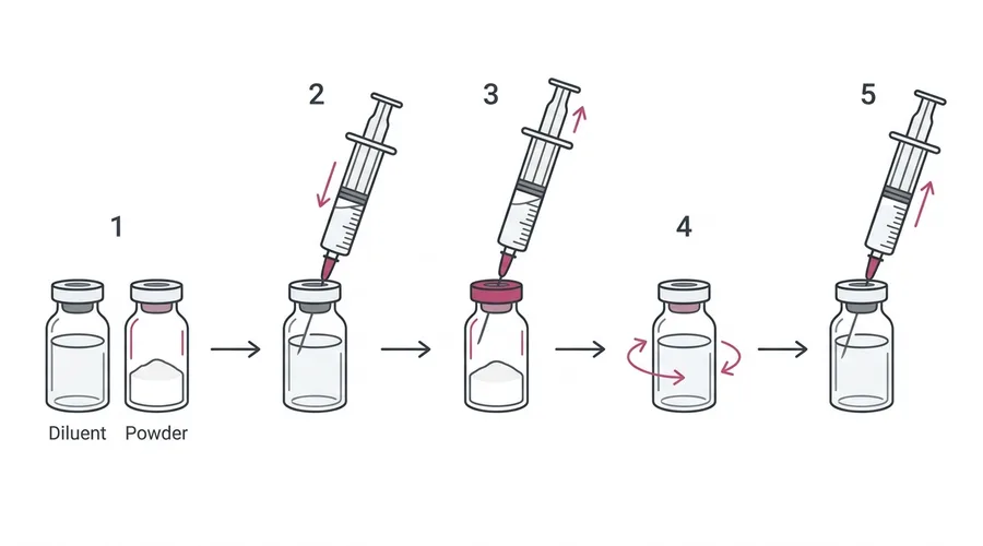 GnRH reconstitution steps: draw diluent, inject into powder vial, swirl to dissolve, draw solution, ready to inject