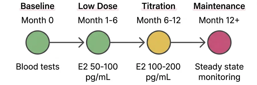 HRT pathway timeline: Baseline → Low Dose (1-6mo) → Titration (6-12mo) → Maintenance (12mo+)