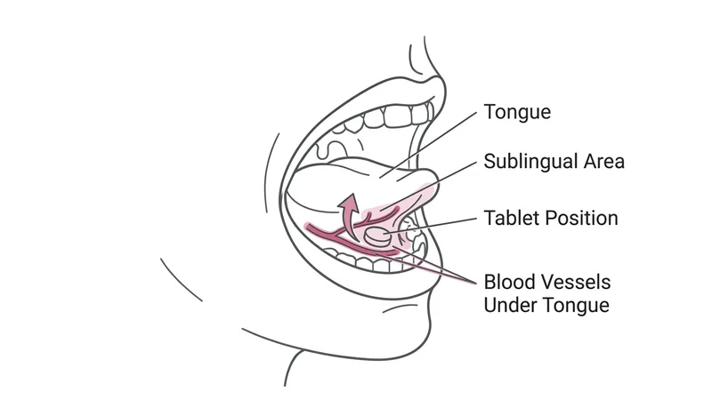 Sublingual tablet placement diagram showing correct position under the tongue