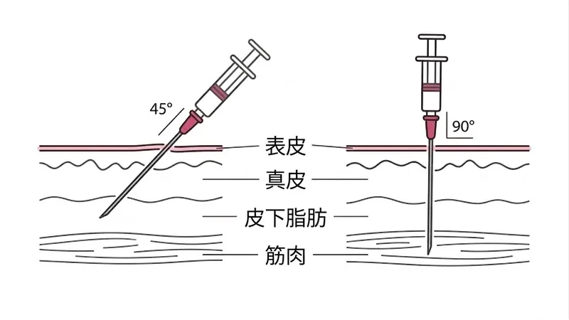 皮下注射（45°）と筋肉注射（90°）の角度比較断面図