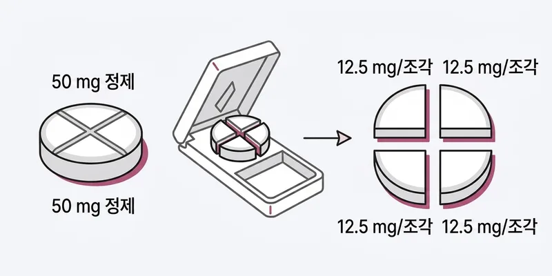 CPA 알약 분할도: 알약 커터로 50mg 십자 눈금 정제를 12.5mg 4조각으로 분할