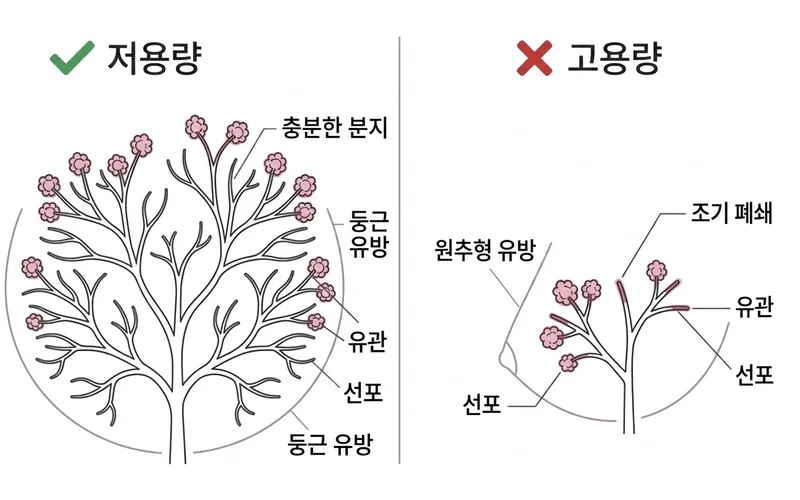 유관 분지 비교: 저용량은 충분한 분지→둥근 유방, 고용량은 조기 폐쇄→원추형