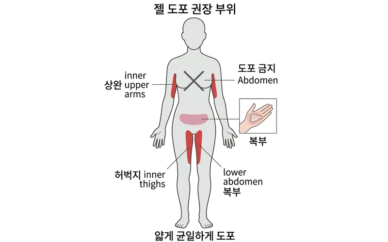 젤 도포 부위도: 상완 안쪽, 허벅지 안쪽, 복부 권장, 가슴 부위 금지