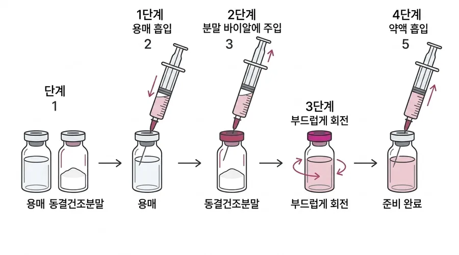 GnRH 조제 단계도: 용매 흡입, 분말 바이알에 주입, 용해, 약액 흡입, 주사 준비 완료