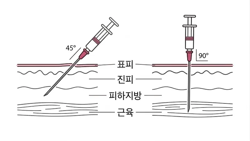 피하주사(45°)와 근육주사(90°) 각도 비교 단면도