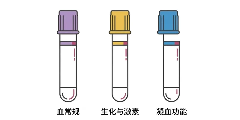 三种采血管对比：紫管（血常规）、黄管（生化激素）、蓝管（凝血）