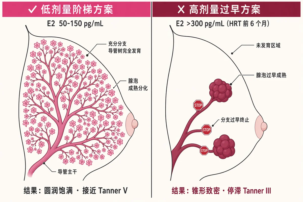 乳腺导管分支机制对比：左侧低剂量阶梯方案导致导管充分分支、圆润饱满，接近 Tanner V；右侧高剂量过早方案导致分支过早终止、锥形致密，停滞在 Tanner III