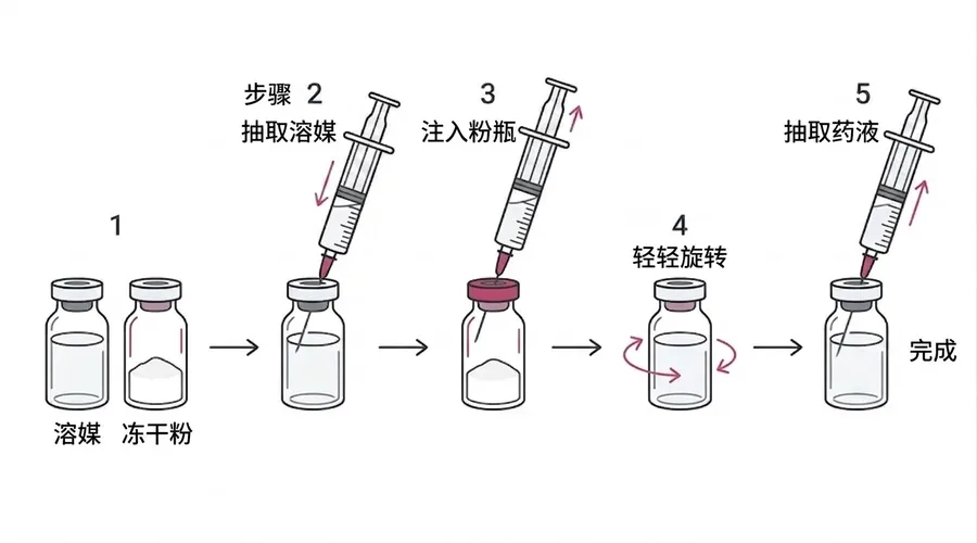 GnRH 配药步骤图：抽取溶媒、注入粉瓶、轻旋溶解、抽取药液、准备注射