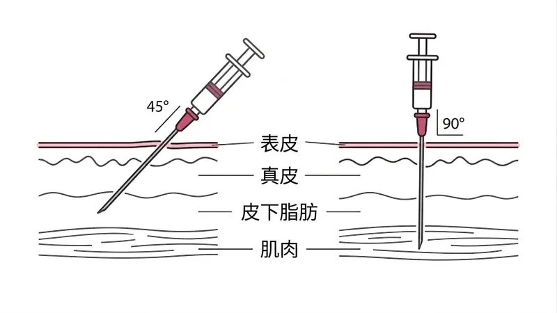 皮下注射（45°）与肌肉注射（90°）角度对比的皮肤截面解剖图