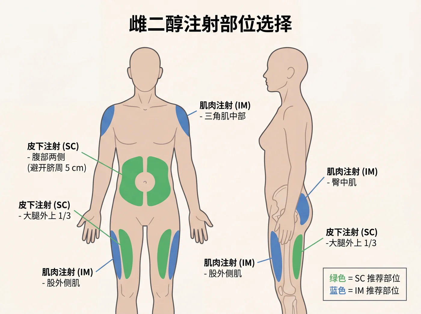 雌二醇注射部位选择解剖图：SC 皮下注射推荐腹部两侧（避开脐周 5 cm）与大腿外上 1/3；IM 肌肉注射推荐三角肌中部、股外侧肌、臀中肌