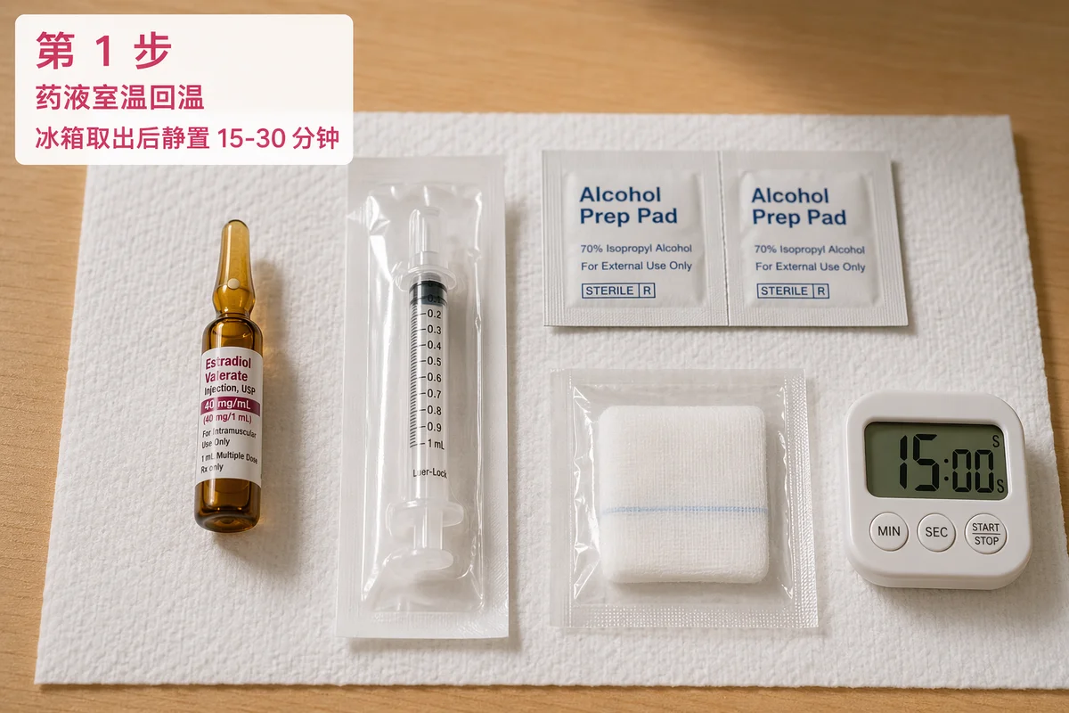 第 1 步：药液室温回温，从冰箱取出后静置 15-30 分钟，配齐安瓿、注射器、酒精棉片、纱布