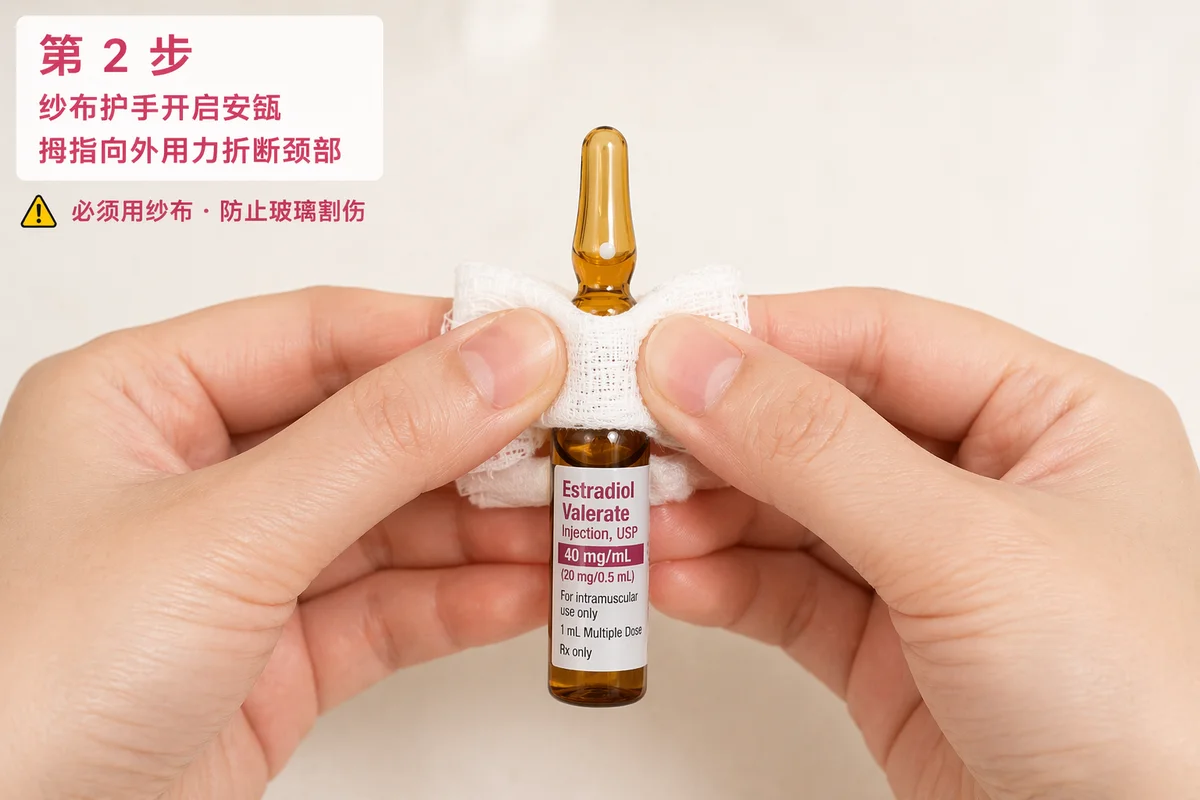 第 2 步：用纱布包住安瓿颈部开启，拇指向外用力折断；必须用纱布护手防止玻璃割伤