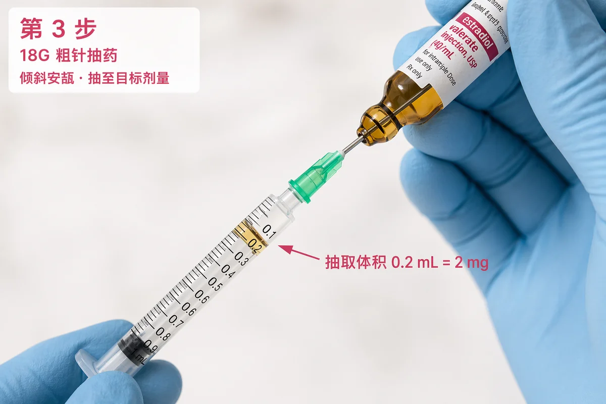 第 3 步：用 18G 粗针抽药，倾斜安瓿抽至目标剂量，例如 0.2 mL = 2 mg