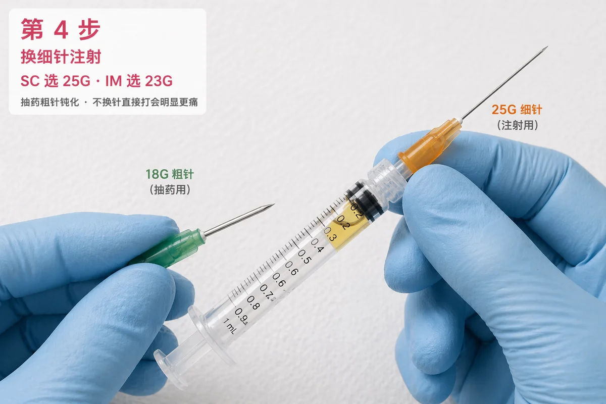 第 4 步：换细针注射，SC 选 25G、IM 选 23G；抽药粗针已钝化，不换针直接打会明显更痛