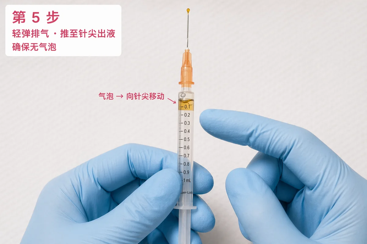 第 5 步：竖持注射器轻弹排气，气泡向针尖移动，推至针尖出液确保无气泡