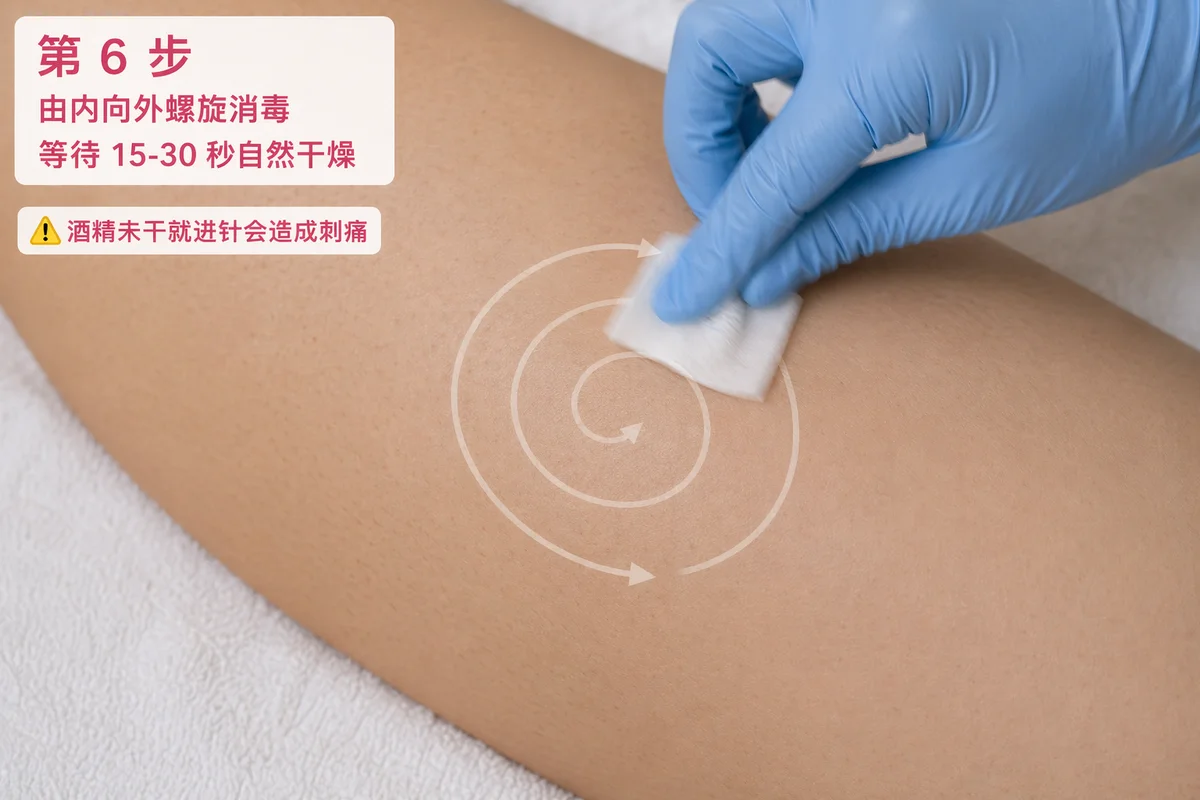 第 6 步：用酒精棉片由内向外螺旋消毒注射部位，等待 15-30 秒自然干燥；酒精未干就进针会造成明显刺痛