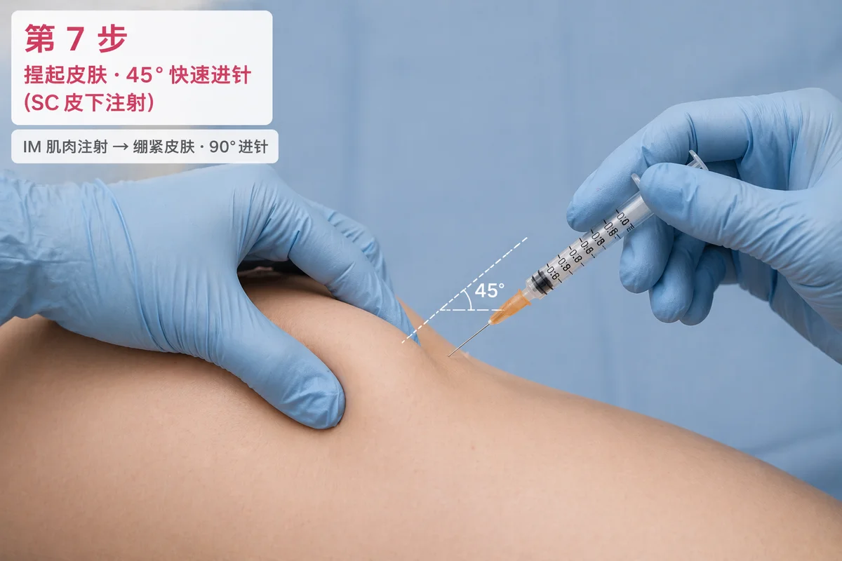 第 7 步：SC 皮下注射捏起皮肤、45° 快速进针；IM 肌肉注射则绷紧皮肤、90° 进针