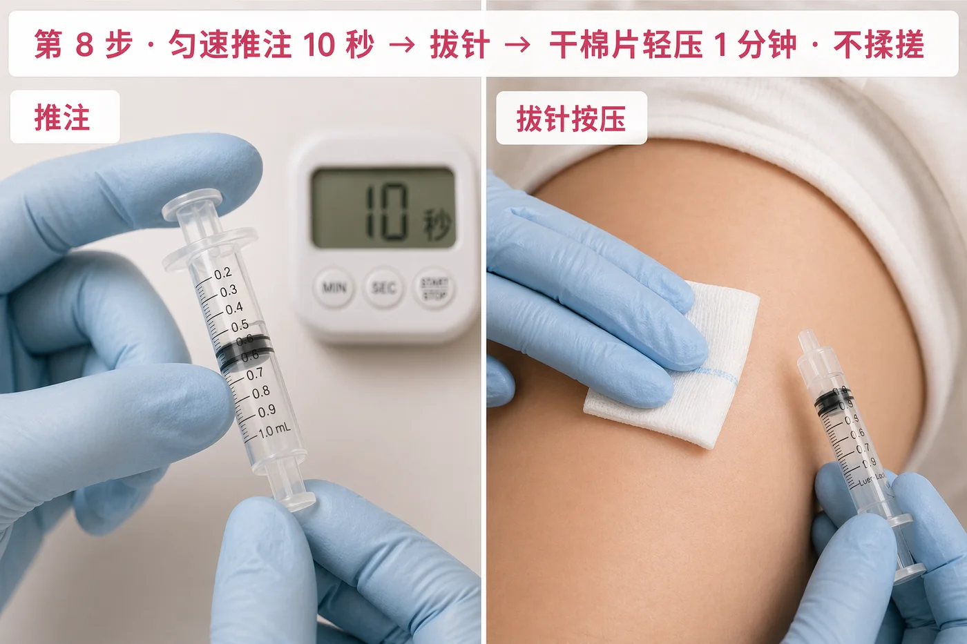 第 8 步：10 秒匀速推注 → 拔针 → 干棉片轻压 1 分钟；禁止揉搓，揉搓会挤散药液影响吸收并造成淤青
