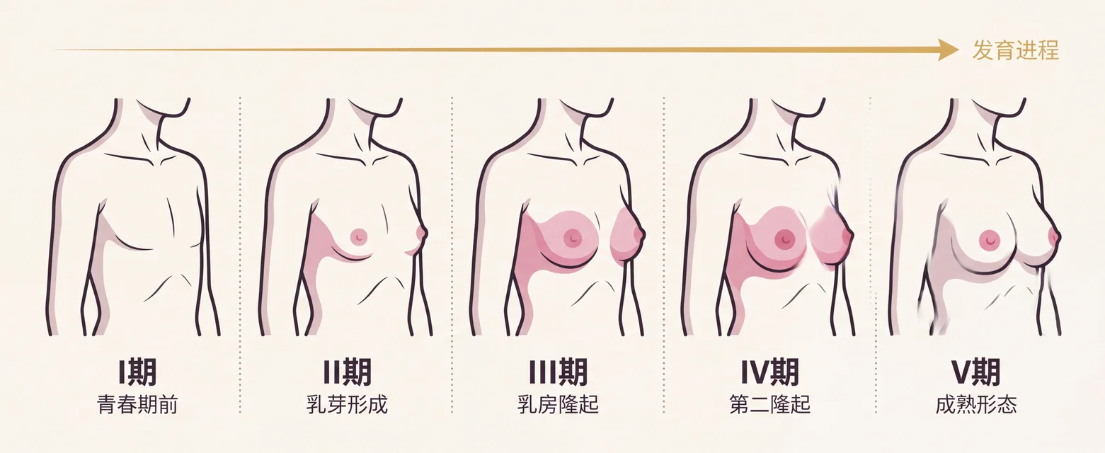 Tanner 乳房发育五期示意图：I期青春期前、II期乳芽形成、III期乳房隆起、IV期第二隆起、V期成熟形态，基于 Endocrine Society 医学教材标准